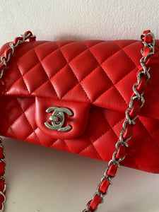 Authentic Pre-Loved Chanel red Lambskin Mini Flap with silver Hardware